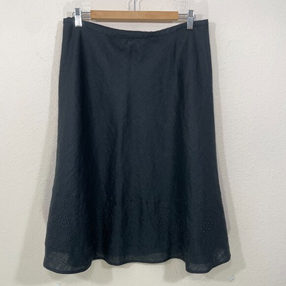 Rafaella 100% Linen Skirt Sz 12 Embroidered Eyelet A-Line Lined‎ Black Knee Long - Picture 2 of 5